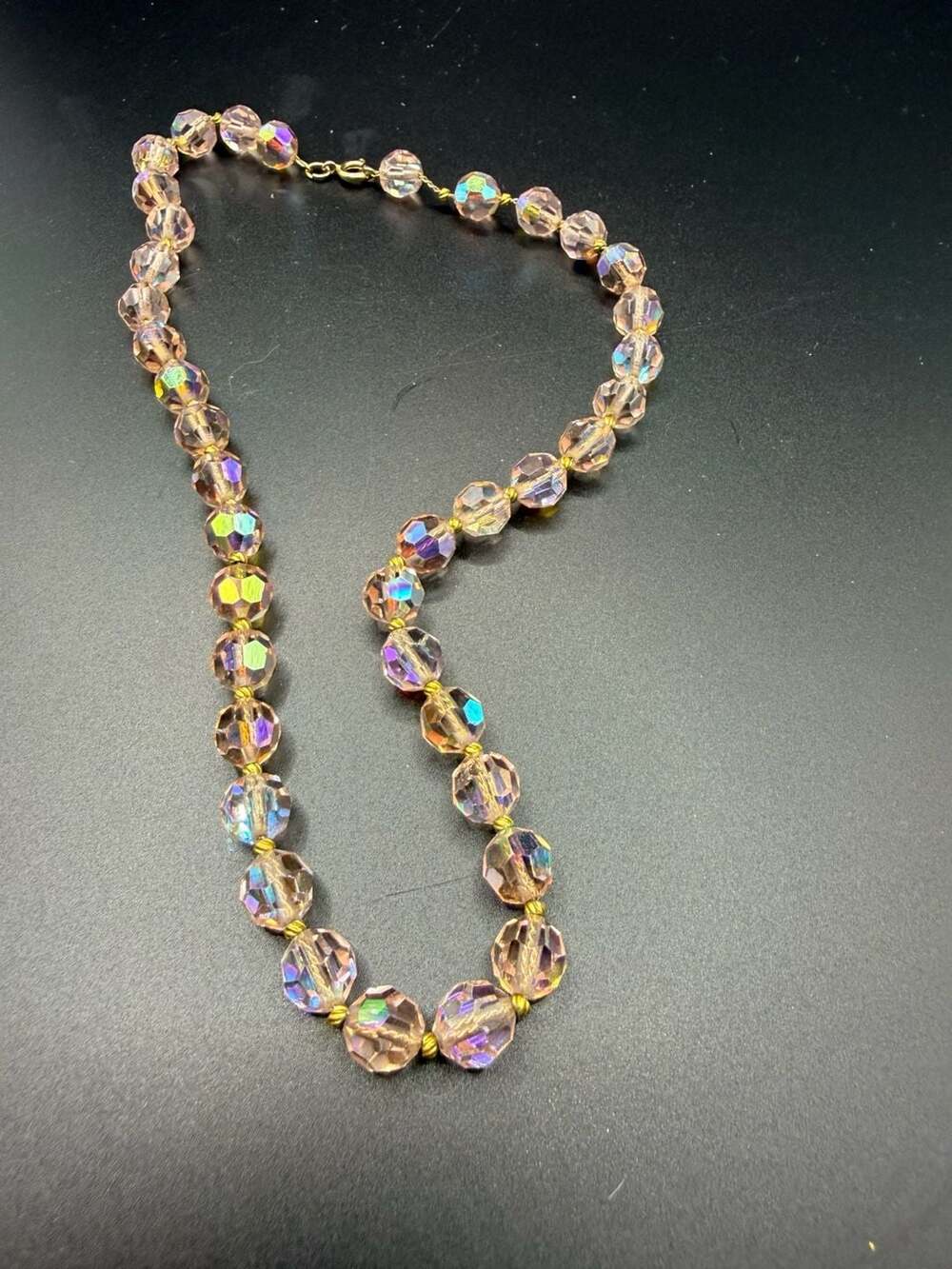 Vintage Aurora Borealis Faceted Crystal Bead Necklace 16 Inch